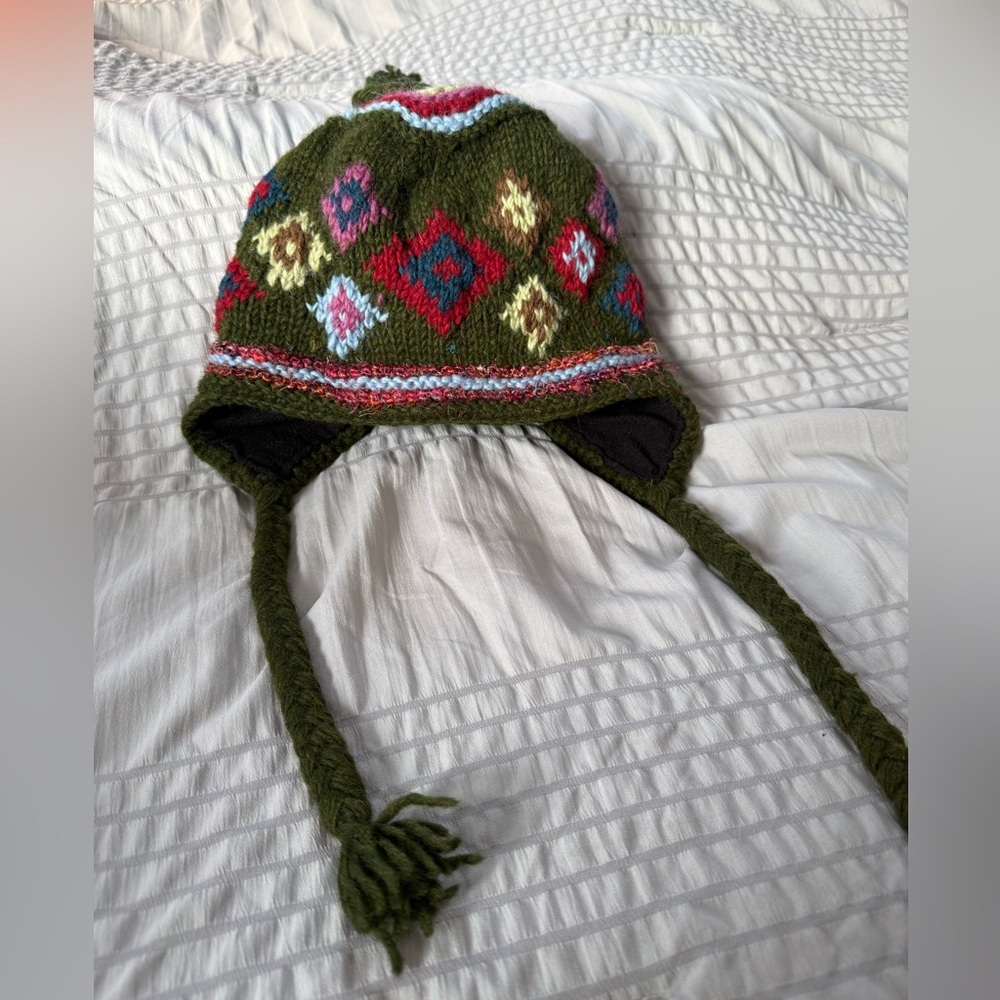 Rising Tide Multi-Color Wool Silk Ear Flap Tassel Nepal Polar Fleece Lined Hat
